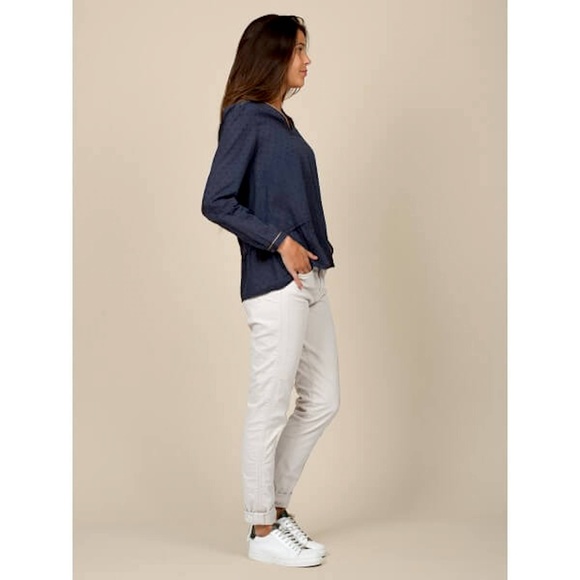 Lurex Details Plumetti V-Neck Navy Blue Shirt - Picture 3 of 5